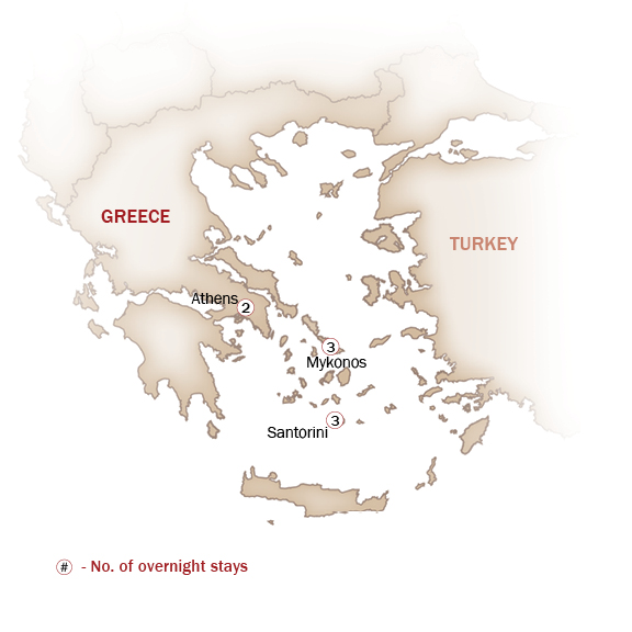 Greece Map  for Romantic ATHENS, MYKONOS & SANTORINI