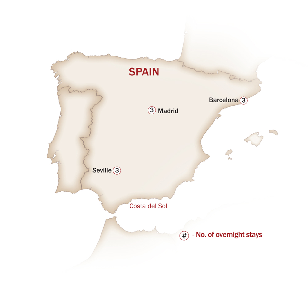 Spain Map  for BARCELONA, MADRID & SEVILLE