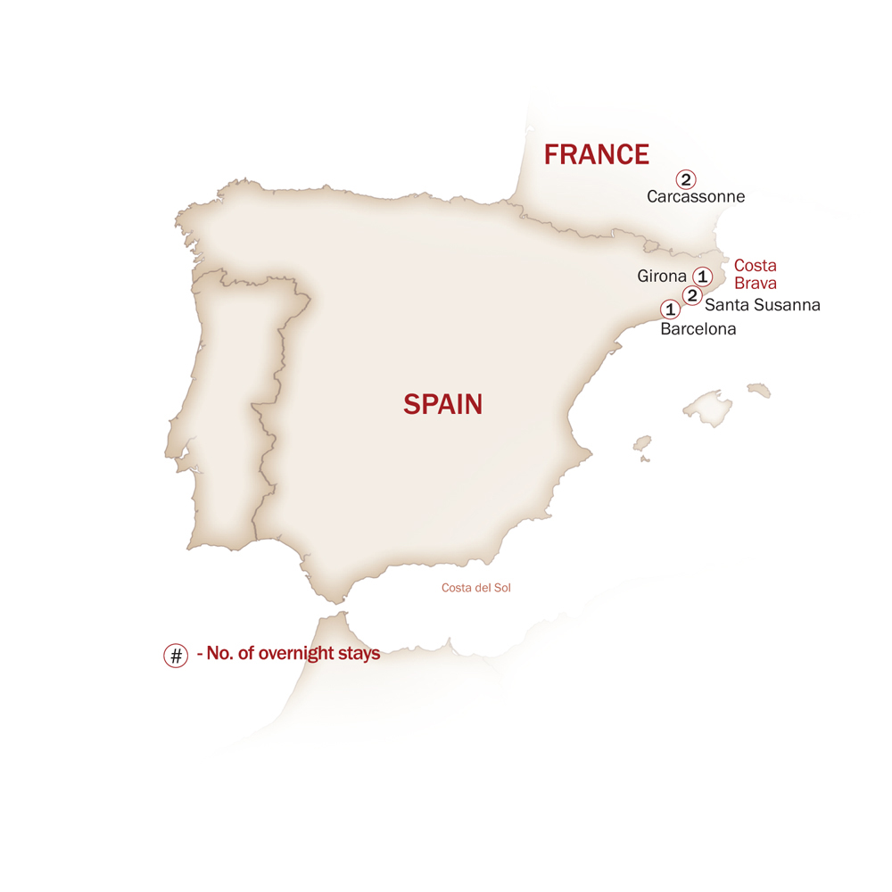 Spain Map  for COSTA BRAVA, GIRONA, CARCASSONNE & BARCELONA