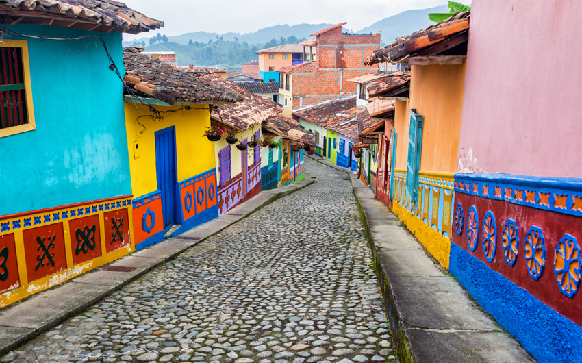Colorful cobblestone street in Medellin