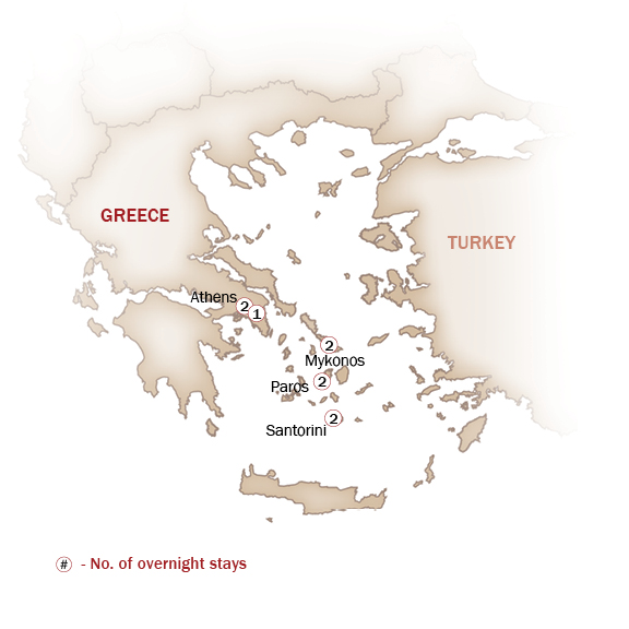 Greece Map  for Romantic Athens, Mykonos, Paros & Santorini
