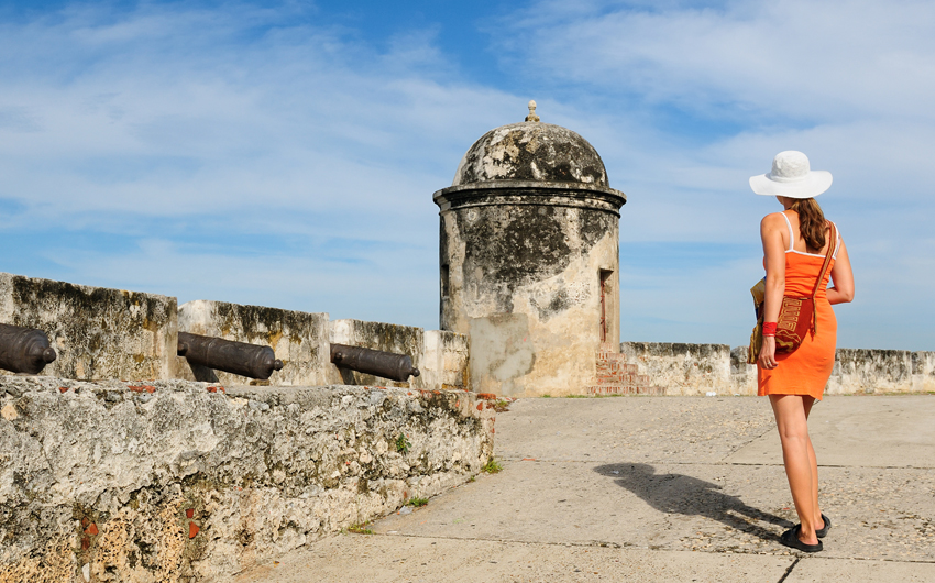 Tourist on town`s defensive walls in Cartagena