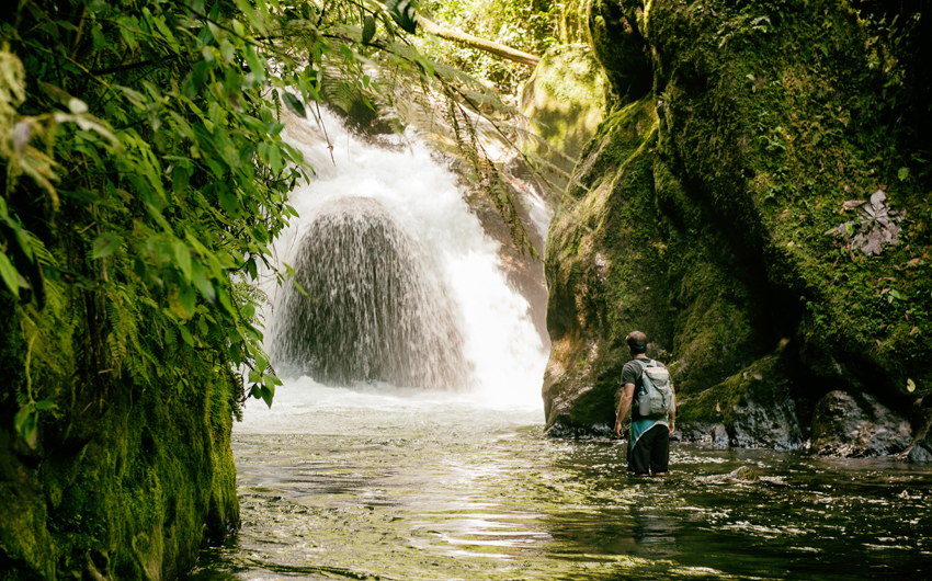 Beautiful hike in the jungle with waterfall