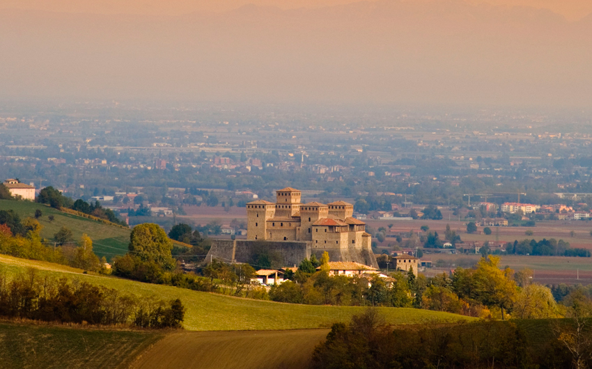 Torrechiara castle and countryside landscape, Parma