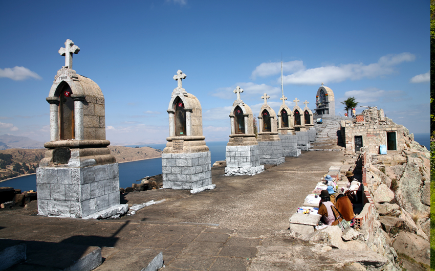 Famous catholic shrine on the hill Cerro Calvario in Copacabana on the Titicaca lake