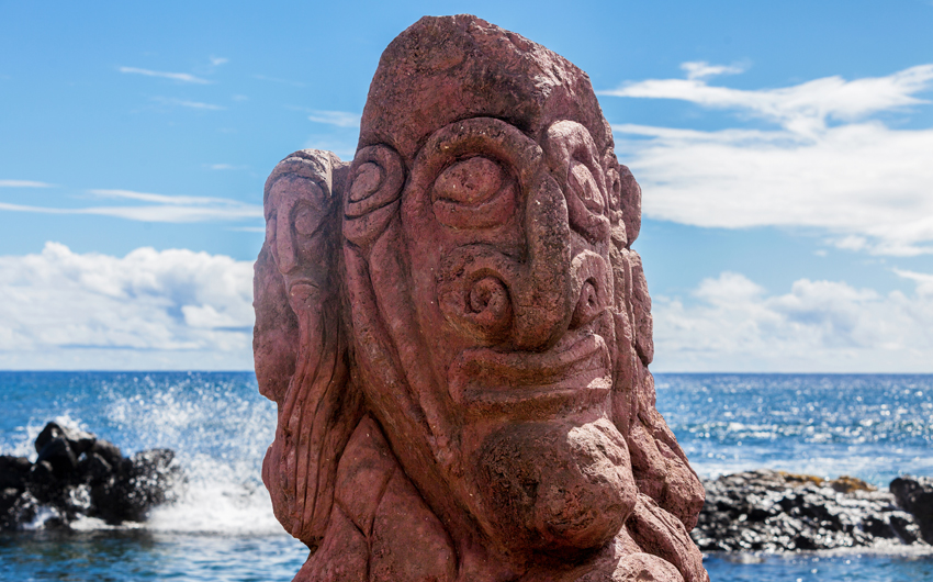 Red carving on a moai in Easter Island